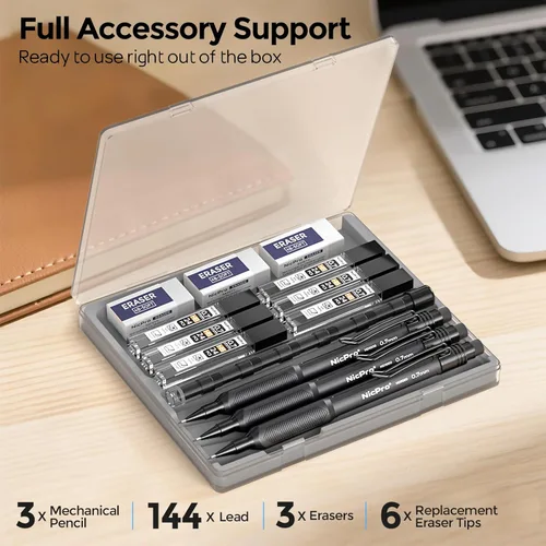 Miniatura 6 de Nicpro Juego de lápices mecánicos de 0.7 mm con estuche, 3 lápices mecánicos HD1000 de 0.7 mm con 6 tubos de recambios de plomo HB, borrador, barril