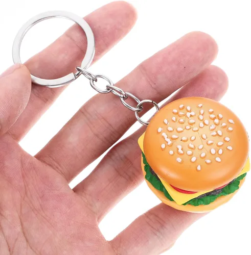 Miniatura 6 de jojofuny 4 llaveros de hamburguesa 3D con colgante de hamburguesa con queso, llavero de simulación de alimentos, para bolsas de puré, para recuerdos