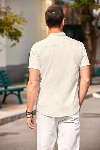 Miniatura 3 de COOFANDY Camisa de playa con cuello de banda para hombre, de algodón, lino, casual, con botones, manga corta