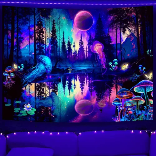 Miniatura 3 de Miytal Tapiz de medusas del bosque de fantasía, luz negra, colorido hongo, mariposa, para colgar en la pared, reflejo de luna reactiva a los rayos