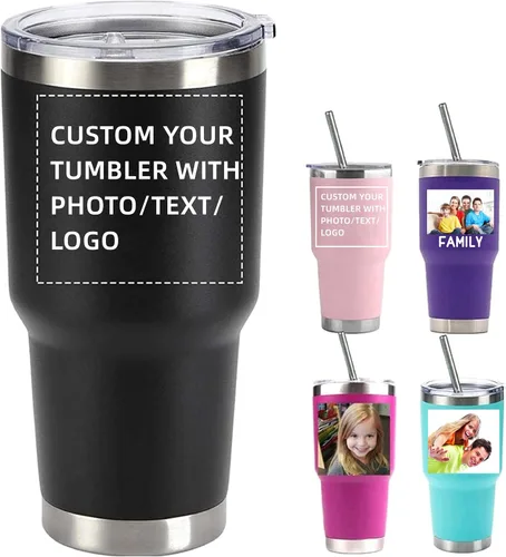 Vaso de acero inoxidable con foto personalizada de 20 onzas / 30 onzas, taza de café personalizada con tapa y pajilla, taza aislada al vacío con