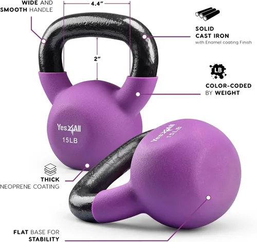 Miniatura 3 de Yes4All Pesas rusas, pesas rusas de hierro fundido recubiertas de neopreno de 5-65 LB, asa de agarre ancho y fondo plano para balanceos, D. 15