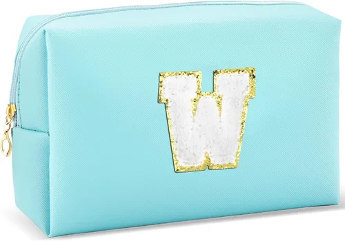 Miniatura 32 de URSKYTOUS Regalos para niñas, bolsa de maquillaje con inicial, bolsa de cosméticos personalizada con cremallera, bonita bolsa de aseo de viaje, Azul