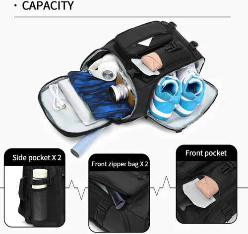 Miniatura 6 de Kalesi Mochila Bolsa de Lona para Gimnasio 4 Vías Impermeable con Compartimento para Zapatos para Viaje Deporte Senderismo Laptop, 02-Negro