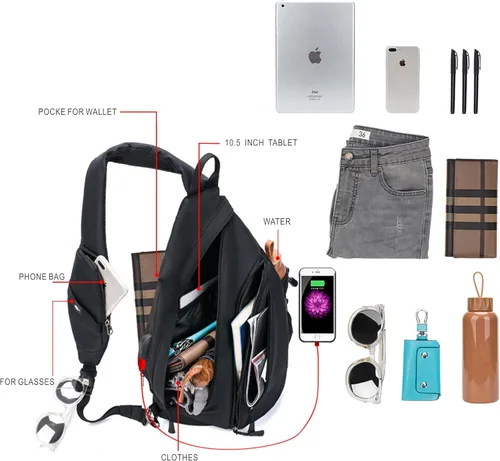 Miniatura 4 de TurnWay - Bolsa bandolera impermeable, bolsa cruzada, bolsa al hombro, con puerto de carga USB para viajes, senderismo, ciclismo, campamento Negro