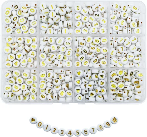 Miniatura 18 de Amaney - 600 cuentas acrílicas blancas de números 0-9, símbolo # corazón con caja de almacenamiento, 0.276 x 0.157 in En caja blanca