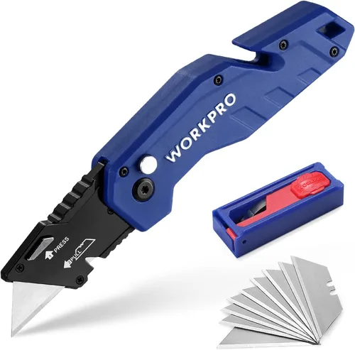 Miniatura 10 de WORKPRO Cuchillo utilitario plegable, hoja de cambio rápido, mango de nailon ligero, cortador de utilidad con 10 cuchillas adicionales Rojo