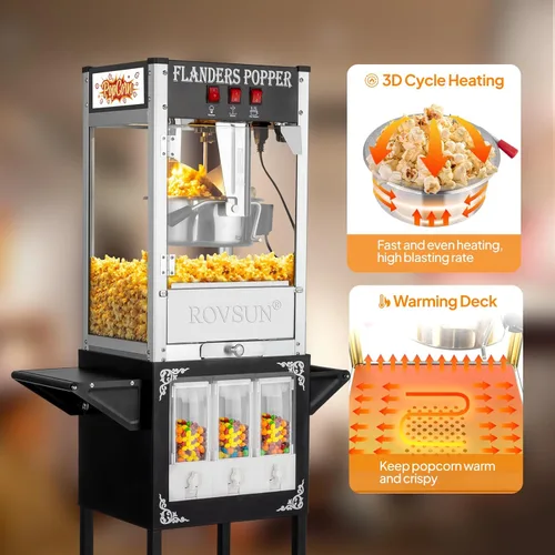 Miniatura 4 de Máquina de palomitas de maíz ROVSUN con carro, ruedas y hervidor de 8 onzas, hace hasta 32 tazas, máquina de palomitas con dispensadores de Negro