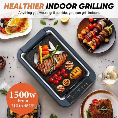 Miniatura 5 de CUSIMAX - Parrilla eléctrica, parrilla y plancha sin humo, parrilla eléctrica coreana con extractor de humo turbo y esponja de filtro reemplazable