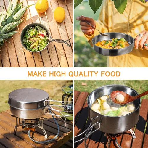 Miniatura 6 de Lixada Juego de utensilios de cocina para camping, 4 piezas de acero inoxidable portátil, juego de ollas y sartenes apilables para acampar,
