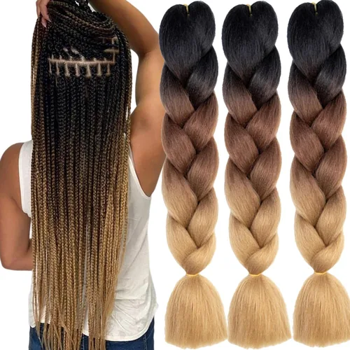 Miniatura 19 de 3 paquetes de extensiones de cabello sintético para trenzar de color negro a azul, tamaño jumbo ombré, de 24 pulgadas o trenzas de ganchillo