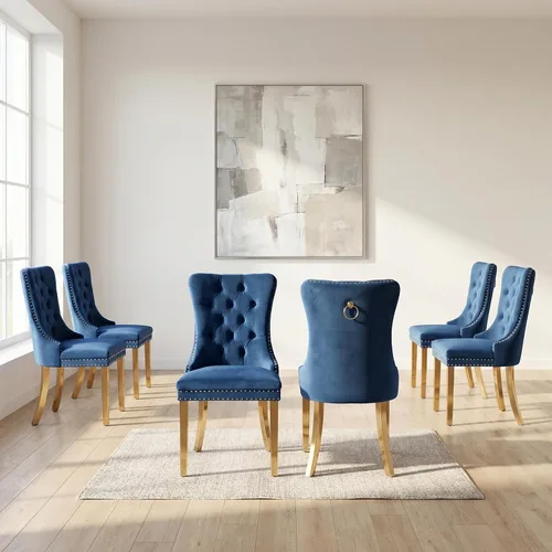 Miniatura 151 de OVENTA Juego de 4 sillas de comedor modernas tapizadas copetudas, terciopelo negro y gris y cuero con patas de madera maciza, sillas de cocina