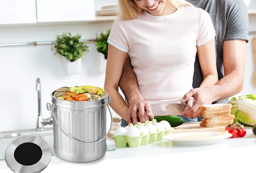Miniatura 7 de NewlineNY - Cubo de compost de acero inoxidable para encimera de cocina, cubo de reciclaje de 1.3 galones con 2 filtros de carbón