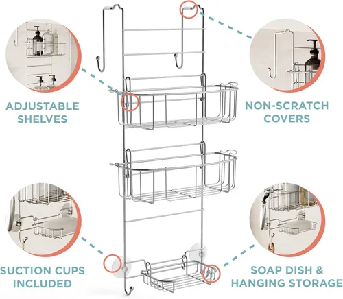 Miniatura 3 de Zenna Home Organizador de ducha para colgar sobre la puerta de la ducha, estante de acero inoxidable con 2 estantes y ganchos integrados, estante