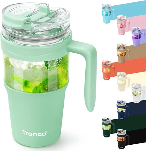Miniatura 37 de Tronco Vaso de vidrio de 32 onzas con popote y tapa, tapa con popote 2 en 1 a prueba de fugas, botellas de agua de vidrio con asa, apto para Rosa