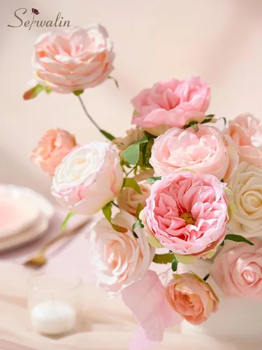 Miniatura 4 de Serwalin Flores artificiales, flores rosadas, flores de seda falsas, flores de pastel de boda, flores para ramos de boda, centros de mesa, Un rosa