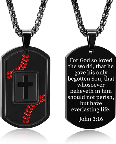 Miniatura 15 de Collar de cruz con versículo bíblico de béisbol, acero inoxidable, dije de cruz en tono negro/dorado/plateado, regalos religiosos, joyería deportiva