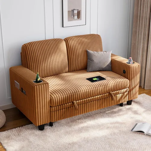 Miniatura 20 de LINSY HOME Sofá cama modular extraíble para sala de estar (beige, sofá cama 1) Sofá cama extraíble, almacenamiento, carga USB, portavasos, pana