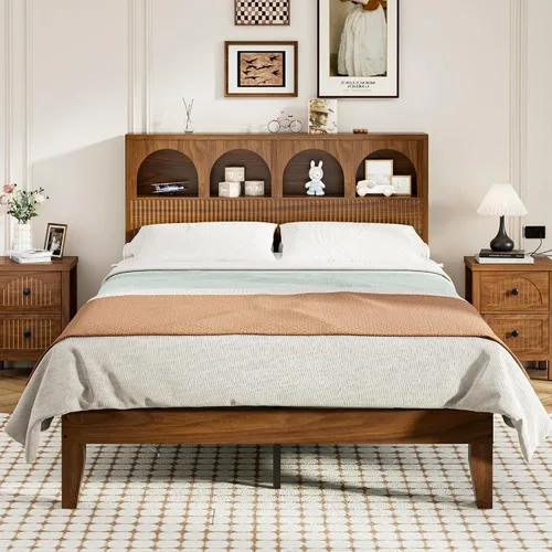 Miniatura 8 de Lxsxlome Base de cama matrimonial con cabecera ondulada, cabecera de almacenamiento con 4 compartimentos de almacenamiento arqueados, marco de cama