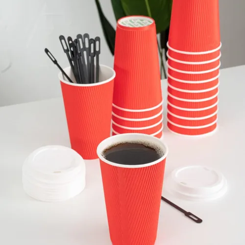Miniatura 10 de Restaurantware Vasos de café desechables de pared ondulada de 16 onzas, 500 vasos de papel rojo aislados con diseño de borde enrollado, las tapas se