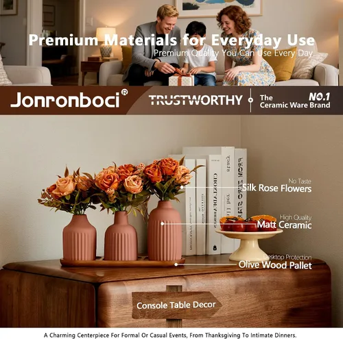 Miniatura 6 de 3 piezas de rosas de seda artificiales con jarrón y bandeja - Arreglo de plantas florales de imitación, flores falsas de otoño en jarrón decoración