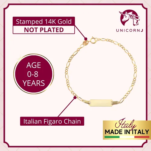 Miniatura 33 de UNICORNJ Pulsera de identificación de oro de 14 quilates grabable para niñas, niños y bebés, pulseras personalizadas con nombre de cadena Figaro