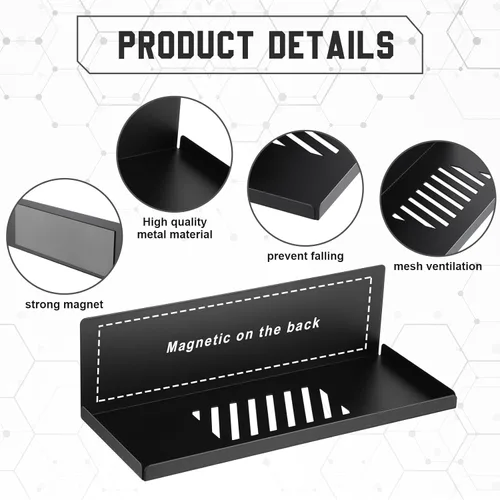 Miniatura 4 de Therwen Paquete de 4 estantes magnéticos para tablero de clavijas, organizador de pared, estante de metal con bandeja de acero, accesorios Negro