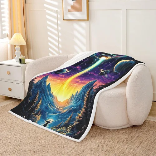 Miniatura 3 de Manta de franela de alienígena, misteriosa nave espacial estrellada con purpurina y planetas de cielo para decoración de habitaciones, manta