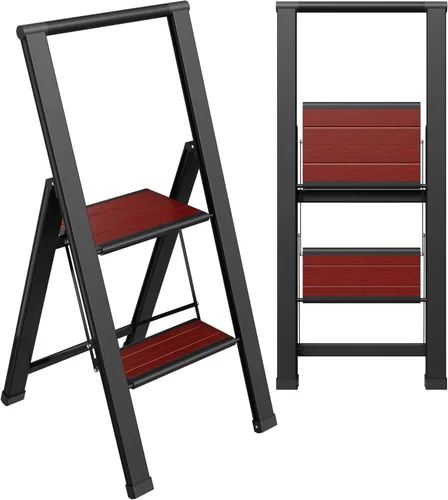 Miniatura 20 de Escalera plegable de 1 escalón, decorativa, hermosa caoba y aluminio negro, perfil ultra delgado, peldaños antideslizantes, resistente y portátil
