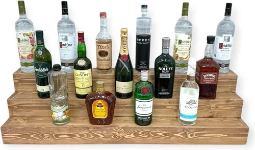Miniatura 13 de Estantería de exhibición escalonada hecha a mano, exhibición de barra de tres niveles, organizador de barra, exhibición de botellas de licor