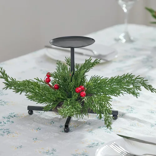 Miniatura 6 de Heleze Juego de 3 portavelas de Navidad, portavelas de hierro negro con bayas rojas de cedro sintético, soporte de metal decorativo de 7.1 pulgadas