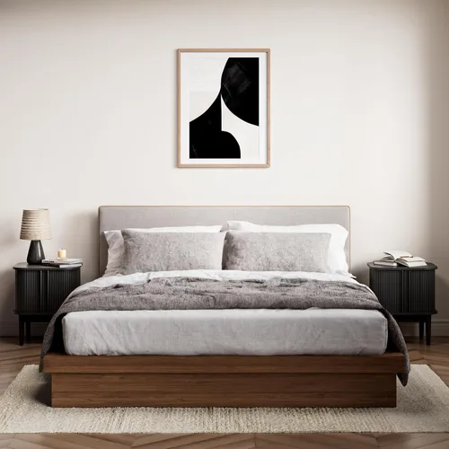 Miniatura 3 de Juego de 2 mesitas de noche estriadas con puertas correderas, moderna mesita de noche con patas de madera maciza, mesita de noche de madera
