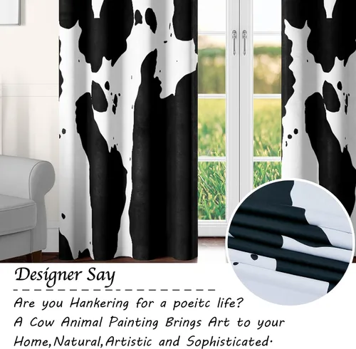 Miniatura 7 de Tritard Cortinas de oscurecimiento de habitación con estampado de vaca, 2 paneles con ojales, diseño de animales occidentales, color blanco y negro