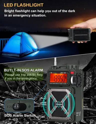 Miniatura 5 de ZHIWHIS Radio de onda corta con Bluetooth, radios de emergencia meteorológica AM/FM/SW/NOAA, manivela/solar/4000mAh/SOS/ruido