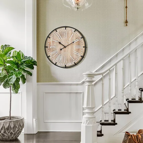 Miniatura 6 de Reloj de pared grande de granja, reloj de pared de madera rústica de 24 pulgadas decorativo con círculo de metal y números grabados, funciona