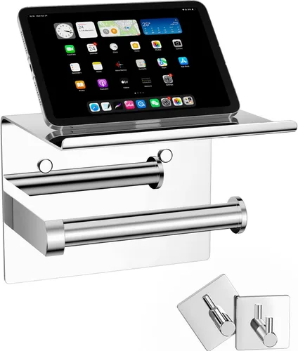 Miniatura 9 de Tindbea Soporte de papel higiénico con estante para teléfono + Ganchos para albornoz adhesivo o con tornillos, montaje en pared para almacenamiento