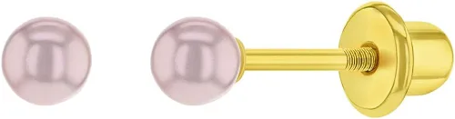Gold Plated Rose Pink Simulated Pearl Safety Screw Back Earrings for Babies, Infants, and Toddlers - Sweet and Classy Rose Pink Simulated Pearl