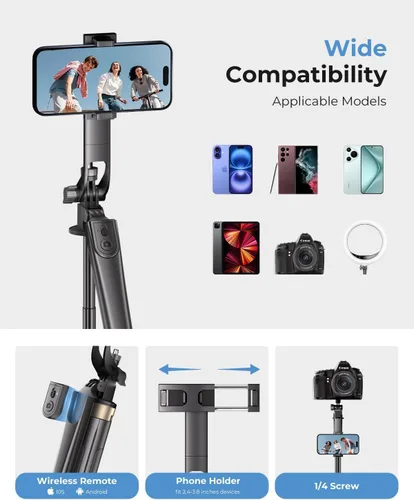 Miniatura 6 de Trípode de teléfono de 72 pulgadas, trípode para iPhone con control remoto inalámbrico, palo selfie portátil para iPhone, transmisión en vivo, Negro