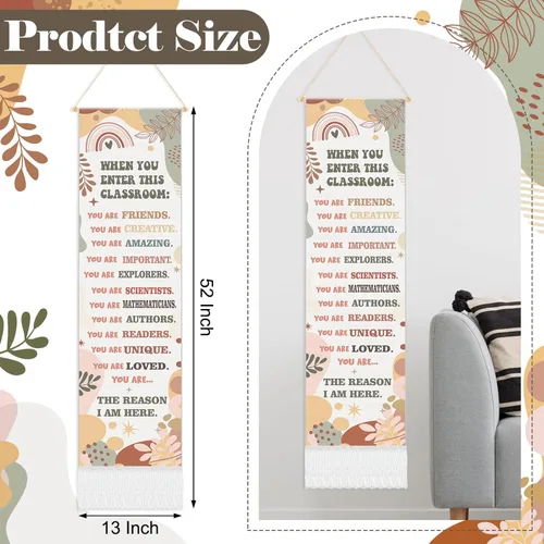 Miniatura 6 de Geetery Boho Classroom Rule Decor Class Welcome Door Sign Tapestry Wall Hanging Motivational Vertical Narrow Wall Art Inspirational Long Tassel