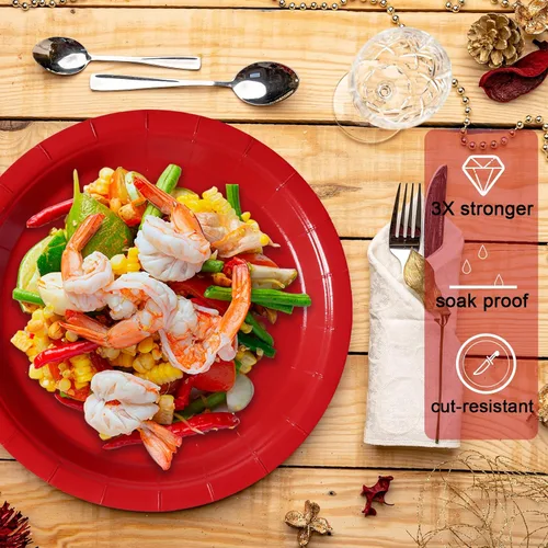 Miniatura 3 de Platos de Papel Desechables Rojos, 50 Unidades Platos de Cena de 9" al Por Mayor para Suministros de Fiesta, Platos de Fiesta Coloridos