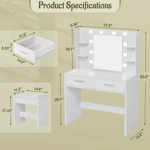 Miniatura 10 de YESHOMY - Escritorio tocador con espejo, mesa de maquillaje con 2 cajones grandes, toma de corriente y soporte redondo, bombilla ajustable de 3