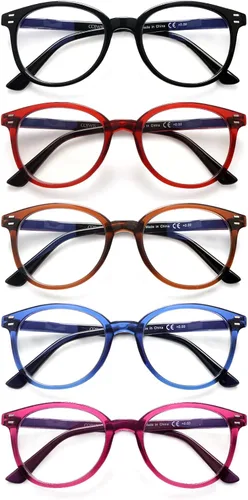 COJWIS Reading Glasses Blue Light Blocking 5 Pack Spring Hinge Fashion Readers for Men and Women Anti Glare Filter Eyeglasses 143-2 5C