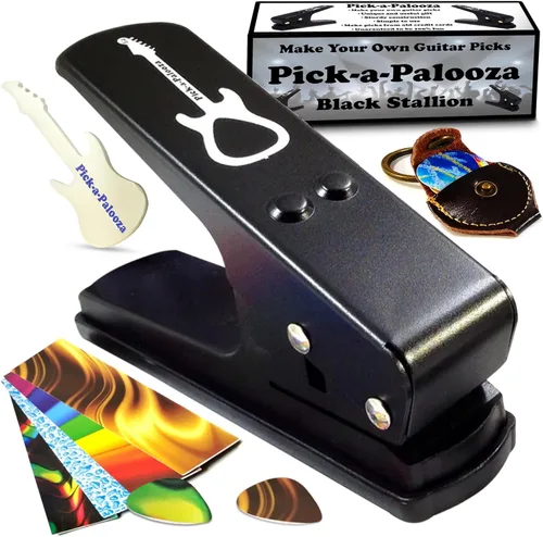 Pack de regalo Pick-a-Palooza DIY para punzón de púa de guitarra - Fabricante de púas premium con llavero de cuero, 4 tiras y una lima - Negro
