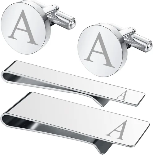 BodyJ4You 4PC Cufflinks, Tie Bar, Money Clip - Initial A-Z Engraving Alphabet Letter - Mirror Polished Steel Men Jewelry - Cuff Links Shirt Tie Suit