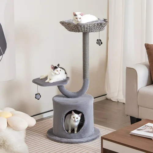 Miniatura 2 de Tangkula Árbol para gatos de interior, torre para gatos de 42 pulgadas con marco de soporte de metal curvado, postes rascadores de sisal, percha