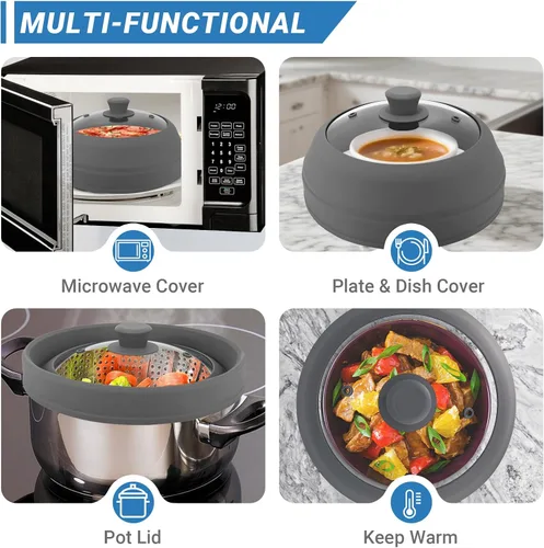 Miniatura 5 de Cubierta de vidrio para microondas para alimentos, cubierta plegable de silicona para salpicaduras de microondas de 10.5 pulgadas, cubierta
