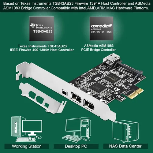 Miniatura 8 de Tarjeta de expansión PCIE Firewire 400 1394A de 4 puertos, Texas Instruments TI TSB43AB23, Plug and Play en PC de escritorio Windows y MAC, 3