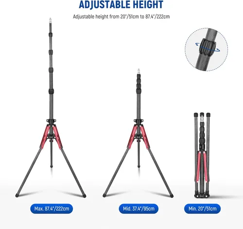 Miniatura 6 de NEEWER Soporte de luz de fibra de carbono con patas reversibles de 180°, adaptador de tornillo de 1/4 a 3/8 pulgadas y bolsa, soporte de trípode