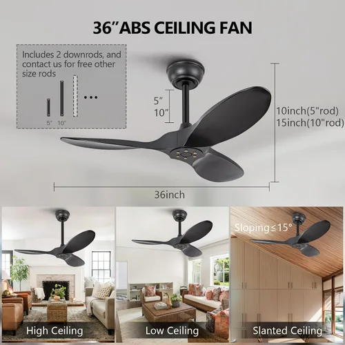 Miniatura 2 de Ventilador de techo negro de 36 pulgadas, 6 velocidades, motor de CC silencioso reversible, 3 aspas ABS, diseño moderno sin luz, control remoto