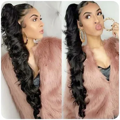 VAVANGA Extensión de cola de caballo larga ondulada de 28 pulgadas, con cordón de cola de caballo rizado, pieza de cabello rizado negro con clip, de